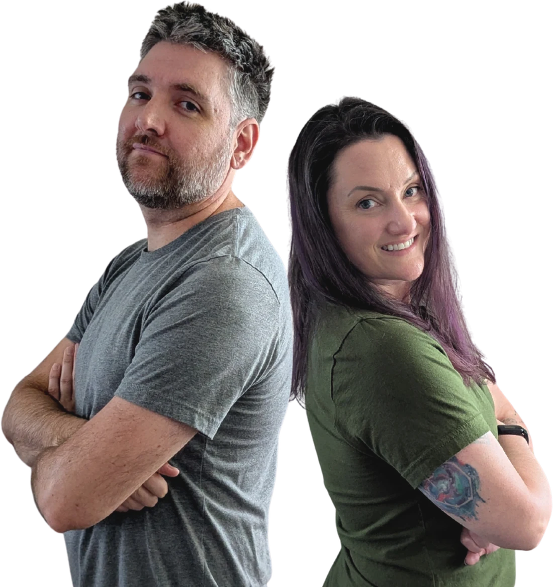 Steven Butler and Jessie Schneider standing back to back with their arms folded.